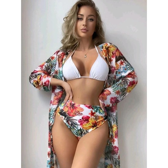 Triangle Halterneck Floral Three Pieces Bikini Set Triangle Halterneck Floral Three Pieces Bikini Set