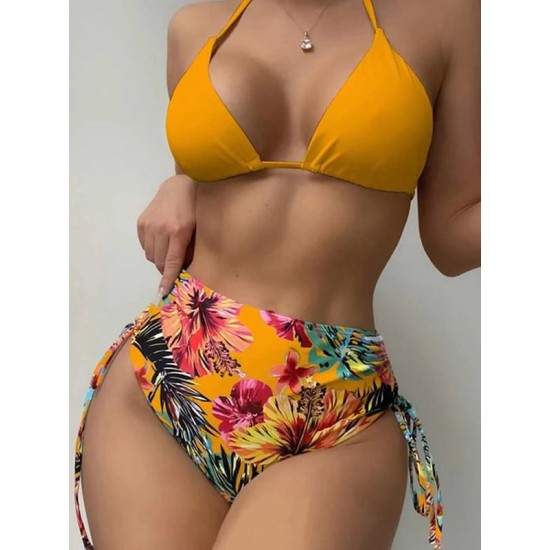 Triangle Halterneck Floral Three Pieces Bikini Set Triangle Halterneck Floral Three Pieces Bikini Set