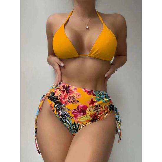 Triangle Halterneck Floral Three Pieces Bikini Set Triangle Halterneck Floral Three Pieces Bikini Set