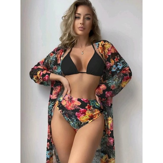 Triangle Halterneck Floral Three Pieces Bikini Set Triangle Halterneck Floral Three Pieces Bikini Set