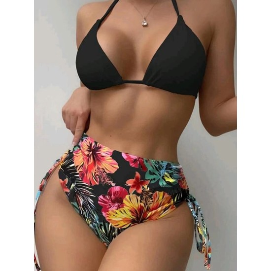 Triangle Halterneck Floral Three Pieces Bikini Set Triangle Halterneck Floral Three Pieces Bikini Set