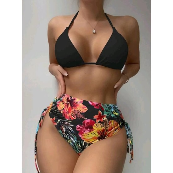 Triangle Halterneck Floral Three Pieces Bikini Set Triangle Halterneck Floral Three Pieces Bikini Set
