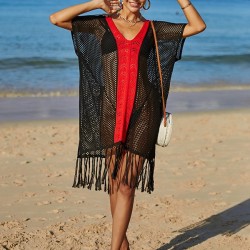 Color-Block Hollow Tasseled Batwing Sleeves Loose Deep V-Neck Cover-Ups Swimwear