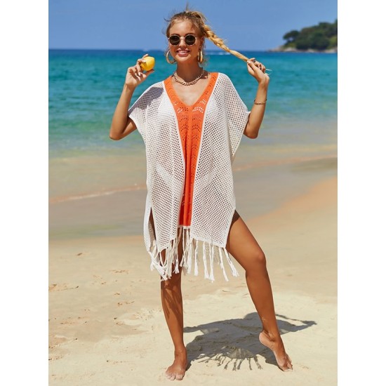 Color-Block Hollow Tasseled Batwing Sleeves Loose Deep V-Neck Cover-Ups Swimwear Color-Block Hollow Tasseled Batwing Sleeves Loose Deep V-Neck Cover-Ups Swimwear