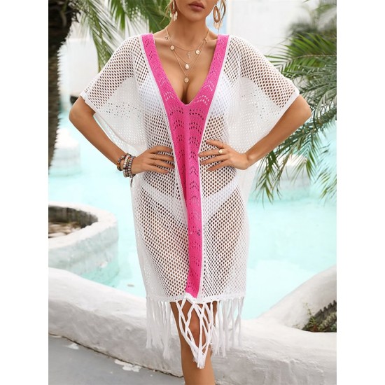 Color-Block Hollow Tasseled Batwing Sleeves Loose Deep V-Neck Cover-Ups Swimwear Color-Block Hollow Tasseled Batwing Sleeves Loose Deep V-Neck Cover-Ups Swimwear