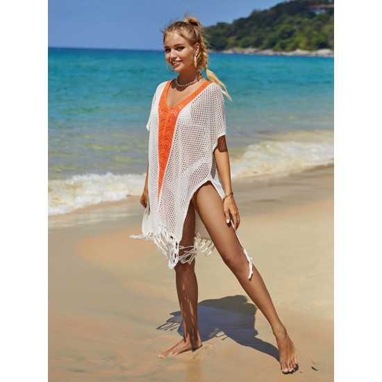 Color-Block Hollow Tasseled Batwing Sleeves Loose Deep V-Neck Cover-Ups Swimwear Color-Block Hollow Tasseled Batwing Sleeves Loose Deep V-Neck Cover-Ups Swimwear