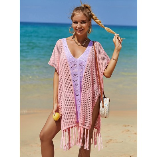Color-Block Hollow Tasseled Batwing Sleeves Loose Deep V-Neck Cover-Ups Swimwear Color-Block Hollow Tasseled Batwing Sleeves Loose Deep V-Neck Cover-Ups Swimwear