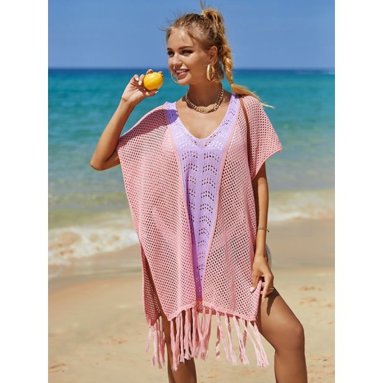 Color-Block Hollow Tasseled Batwing Sleeves Loose Deep V-Neck Cover-Ups Swimwear Color-Block Hollow Tasseled Batwing Sleeves Loose Deep V-Neck Cover-Ups Swimwear