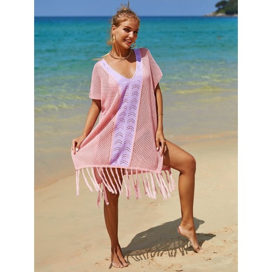 Color-Block Hollow Tasseled Batwing Sleeves Loose Deep V-Neck Cover-Ups Swimwear Color-Block Hollow Tasseled Batwing Sleeves Loose Deep V-Neck Cover-Ups Swimwear