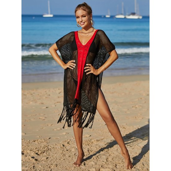 Color-Block Hollow Tasseled Batwing Sleeves Loose Deep V-Neck Cover-Ups Swimwear Color-Block Hollow Tasseled Batwing Sleeves Loose Deep V-Neck Cover-Ups Swimwear