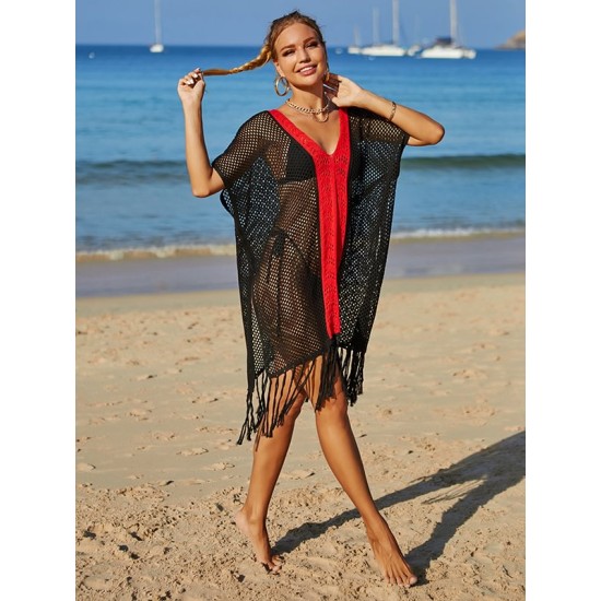 Color-Block Hollow Tasseled Batwing Sleeves Loose Deep V-Neck Cover-Ups Swimwear Color-Block Hollow Tasseled Batwing Sleeves Loose Deep V-Neck Cover-Ups Swimwear