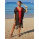 Color-Block Hollow Tasseled Batwing Sleeves Loose Deep V-Neck Cover-Ups Swimwear Color-Block Hollow Tasseled Batwing Sleeves Loose Deep V-Neck Cover-Ups Swimwear