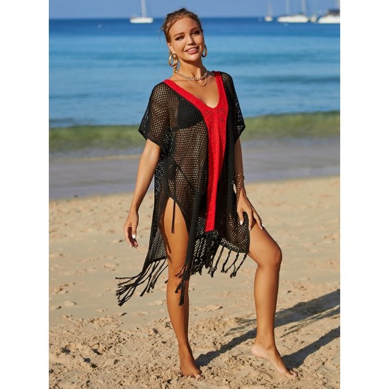 Color-Block Hollow Tasseled Batwing Sleeves Loose Deep V-Neck Cover-Ups Swimwear Color-Block Hollow Tasseled Batwing Sleeves Loose Deep V-Neck Cover-Ups Swimwear