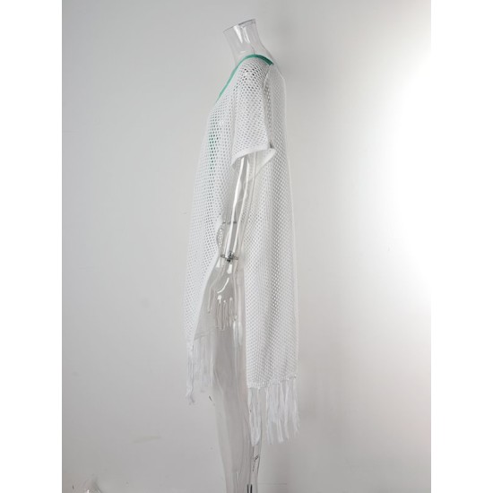 Color-Block Hollow Tasseled Batwing Sleeves Loose Deep V-Neck Cover-Ups Swimwear Color-Block Hollow Tasseled Batwing Sleeves Loose Deep V-Neck Cover-Ups Swimwear