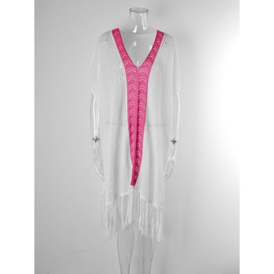 Color-Block Hollow Tasseled Batwing Sleeves Loose Deep V-Neck Cover-Ups Swimwear Color-Block Hollow Tasseled Batwing Sleeves Loose Deep V-Neck Cover-Ups Swimwear