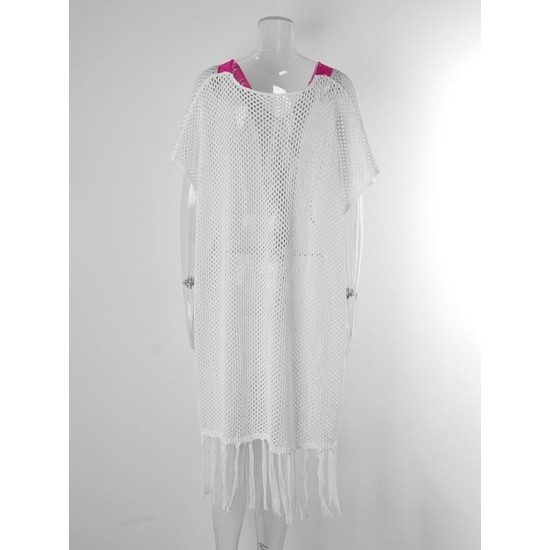 Color-Block Hollow Tasseled Batwing Sleeves Loose Deep V-Neck Cover-Ups Swimwear Color-Block Hollow Tasseled Batwing Sleeves Loose Deep V-Neck Cover-Ups Swimwear