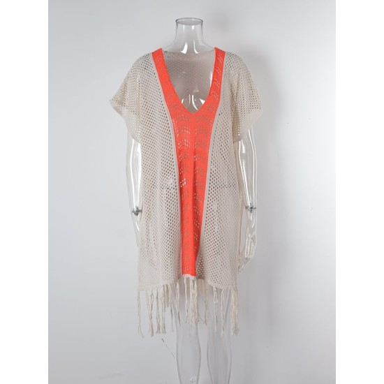 Color-Block Hollow Tasseled Batwing Sleeves Loose Deep V-Neck Cover-Ups Swimwear Color-Block Hollow Tasseled Batwing Sleeves Loose Deep V-Neck Cover-Ups Swimwear
