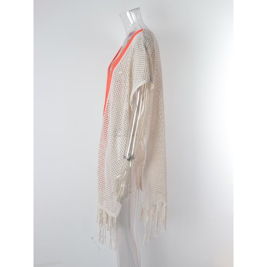 Color-Block Hollow Tasseled Batwing Sleeves Loose Deep V-Neck Cover-Ups Swimwear Color-Block Hollow Tasseled Batwing Sleeves Loose Deep V-Neck Cover-Ups Swimwear