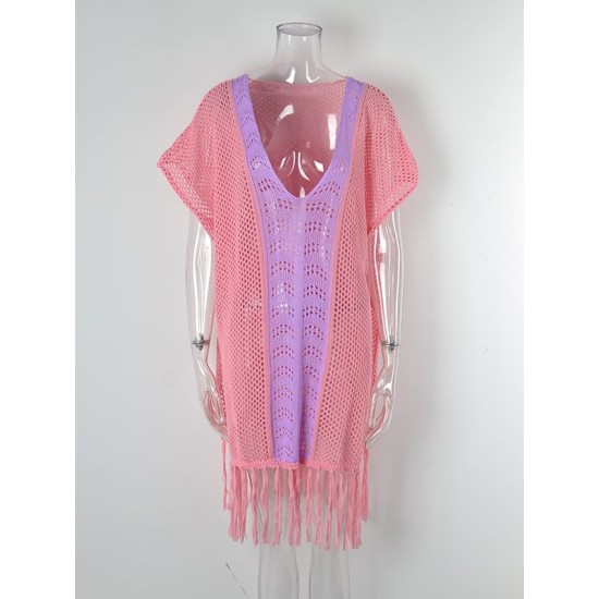 Color-Block Hollow Tasseled Batwing Sleeves Loose Deep V-Neck Cover-Ups Swimwear Color-Block Hollow Tasseled Batwing Sleeves Loose Deep V-Neck Cover-Ups Swimwear