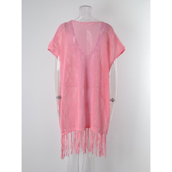 Color-Block Hollow Tasseled Batwing Sleeves Loose Deep V-Neck Cover-Ups Swimwear Color-Block Hollow Tasseled Batwing Sleeves Loose Deep V-Neck Cover-Ups Swimwear