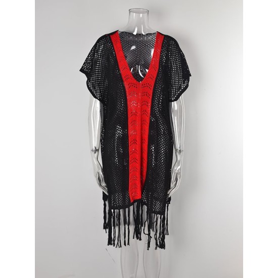 Color-Block Hollow Tasseled Batwing Sleeves Loose Deep V-Neck Cover-Ups Swimwear Color-Block Hollow Tasseled Batwing Sleeves Loose Deep V-Neck Cover-Ups Swimwear