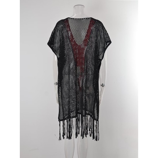 Color-Block Hollow Tasseled Batwing Sleeves Loose Deep V-Neck Cover-Ups Swimwear Color-Block Hollow Tasseled Batwing Sleeves Loose Deep V-Neck Cover-Ups Swimwear