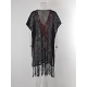 Color-Block Hollow Tasseled Batwing Sleeves Loose Deep V-Neck Cover-Ups Swimwear Color-Block Hollow Tasseled Batwing Sleeves Loose Deep V-Neck Cover-Ups Swimwear