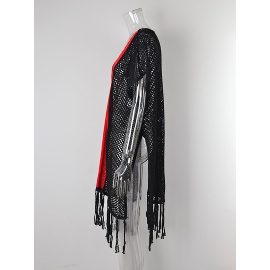 Color-Block Hollow Tasseled Batwing Sleeves Loose Deep V-Neck Cover-Ups Swimwear Color-Block Hollow Tasseled Batwing Sleeves Loose Deep V-Neck Cover-Ups Swimwear