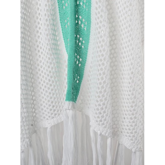 Color-Block Hollow Tasseled Batwing Sleeves Loose Deep V-Neck Cover-Ups Swimwear Color-Block Hollow Tasseled Batwing Sleeves Loose Deep V-Neck Cover-Ups Swimwear
