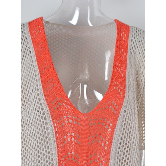 Color-Block Hollow Tasseled Batwing Sleeves Loose Deep V-Neck Cover-Ups Swimwear Color-Block Hollow Tasseled Batwing Sleeves Loose Deep V-Neck Cover-Ups Swimwear