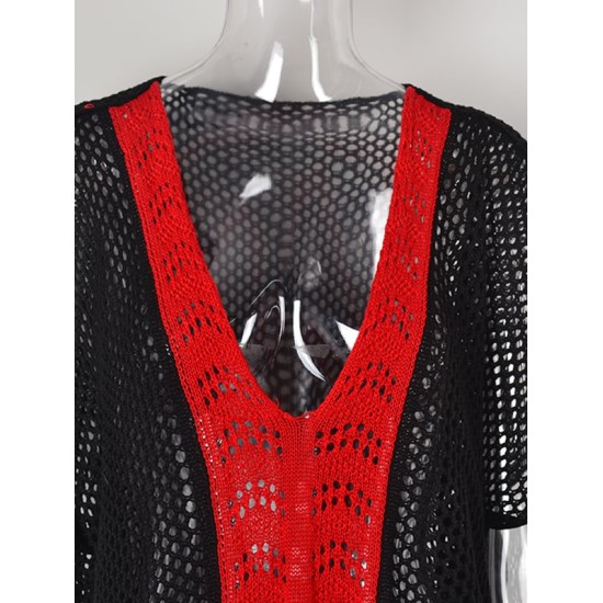 Color-Block Hollow Tasseled Batwing Sleeves Loose Deep V-Neck Cover-Ups Swimwear Color-Block Hollow Tasseled Batwing Sleeves Loose Deep V-Neck Cover-Ups Swimwear