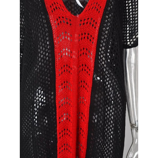 Color-Block Hollow Tasseled Batwing Sleeves Loose Deep V-Neck Cover-Ups Swimwear Color-Block Hollow Tasseled Batwing Sleeves Loose Deep V-Neck Cover-Ups Swimwear