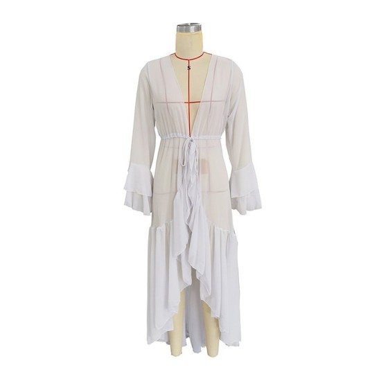 Bandage See-Through Solid Color Flared Sleeves High-Low Deep V-Neck Cover-Ups Swimwear Bandage See-Through Solid Color Flared Sleeves High-Low Deep V-Neck Cover-Ups Swimwear