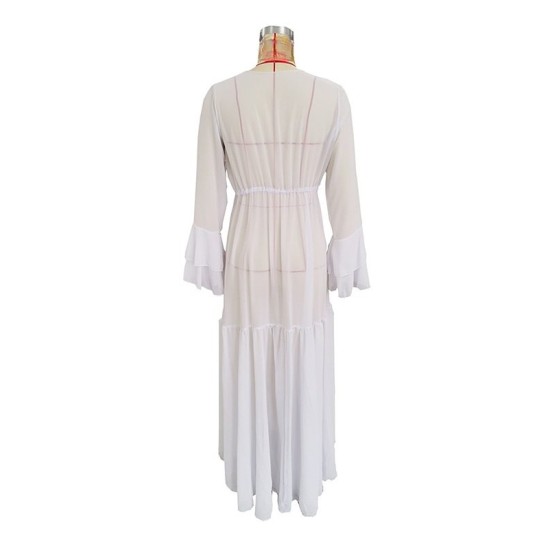 Bandage See-Through Solid Color Flared Sleeves High-Low Deep V-Neck Cover-Ups Swimwear Bandage See-Through Solid Color Flared Sleeves High-Low Deep V-Neck Cover-Ups Swimwear
