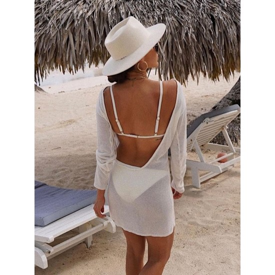Backless Hollow Solid Color Long Sleeves Loose Cover-Ups Swimwear Backless Hollow Solid Color Long Sleeves Loose Cover-Ups Swimwear