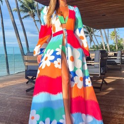 Long Sleeves Bandage Floral Printed Multi-Colored Cover-Ups Swimwear