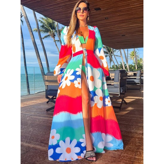 Long Sleeves Bandage Floral Printed Multi-Colored Cover-Ups Swimwear Long Sleeves Bandage Floral Printed Multi-Colored Cover-Ups Swimwear