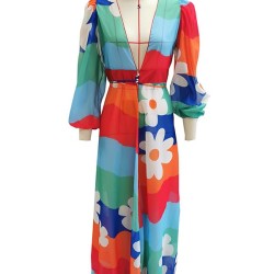 Long Sleeves Bandage Floral Printed Multi-Colored Cover-Ups Swimwear
