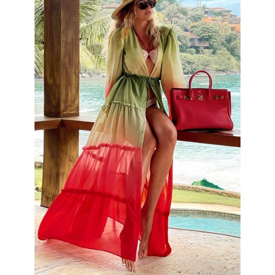 Bandage Color-Block Long Sleeves Loose Deep V-Neck Cover-Ups Swimwear Bandage Color-Block Long Sleeves Loose Deep V-Neck Cover-Ups Swimwear