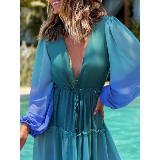 Bandage Color-Block Long Sleeves Loose Deep V-Neck Cover-Ups Swimwear Bandage Color-Block Long Sleeves Loose Deep V-Neck Cover-Ups Swimwear