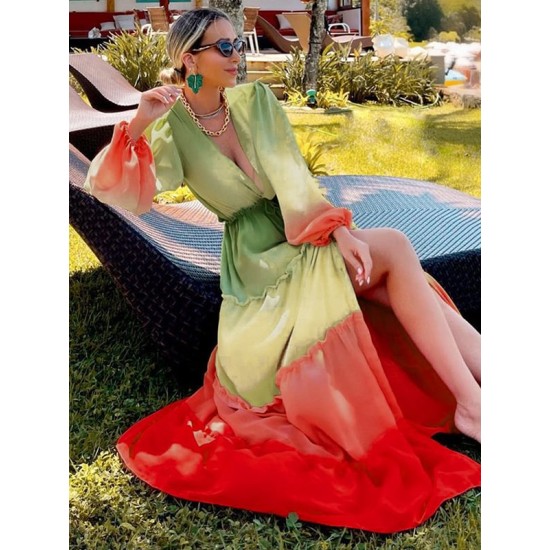 Bandage Color-Block Long Sleeves Loose Deep V-Neck Cover-Ups Swimwear Bandage Color-Block Long Sleeves Loose Deep V-Neck Cover-Ups Swimwear