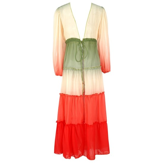 Bandage Color-Block Long Sleeves Loose Deep V-Neck Cover-Ups Swimwear Bandage Color-Block Long Sleeves Loose Deep V-Neck Cover-Ups Swimwear