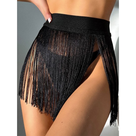 Loose Hollow Solid Color Tasseled Cover-Ups Swim Skirts Loose Hollow Solid Color Tasseled Cover-Ups Swim Skirts