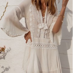 Chiffon Wrinkled Lace Trumpet Sleeve Bikini Cover-Ups