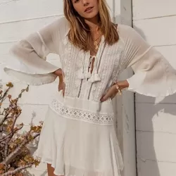 Chiffon Wrinkled Lace Trumpet Sleeve Bikini Cover-Ups