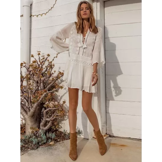 Chiffon Wrinkled Lace Trumpet Sleeve Bikini Cover-Ups Chiffon Wrinkled Lace Trumpet Sleeve Bikini Cover-Ups