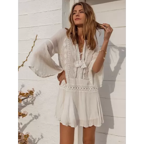 Chiffon Wrinkled Lace Trumpet Sleeve Bikini Cover-Ups Chiffon Wrinkled Lace Trumpet Sleeve Bikini Cover-Ups