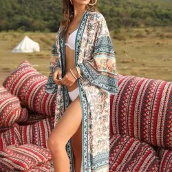 Sun-Protected Printed Beach Long Cover-Ups