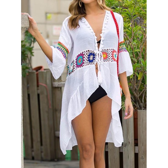 Crochetgo Split-Joint Tasseled Flared Sleeves Cover-Ups Crochetgo Split-Joint Tasseled Flared Sleeves Cover-Ups