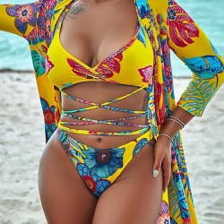 Sexy Floral-Print Split Bikini Swimsuit+Long Sleeve Cover-Ups Three-Piece Set